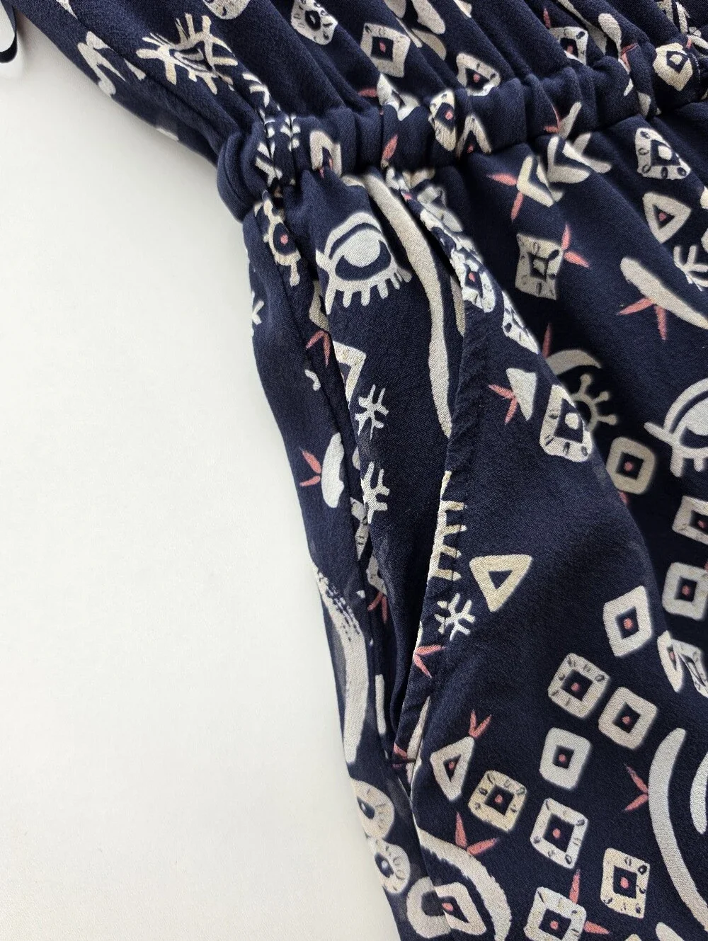 Tory Burch Silk Navy Blue Geometric Tribal Print Wide Leg Jumpsuit